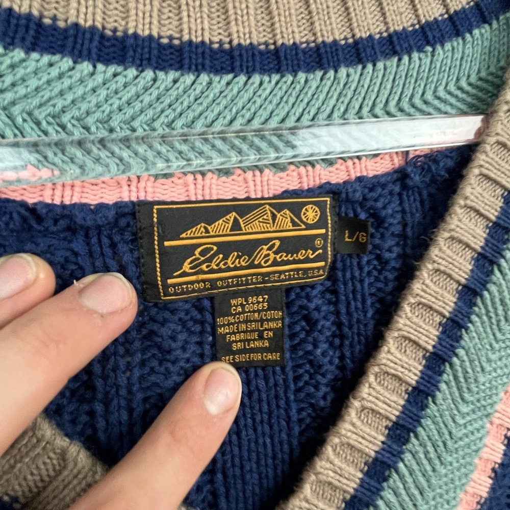 Vintage Eddie Bauer Sweater Mens L Blue Cable Knit Chunky V-Neck Tennis Cricket - Picture 5 of 9
